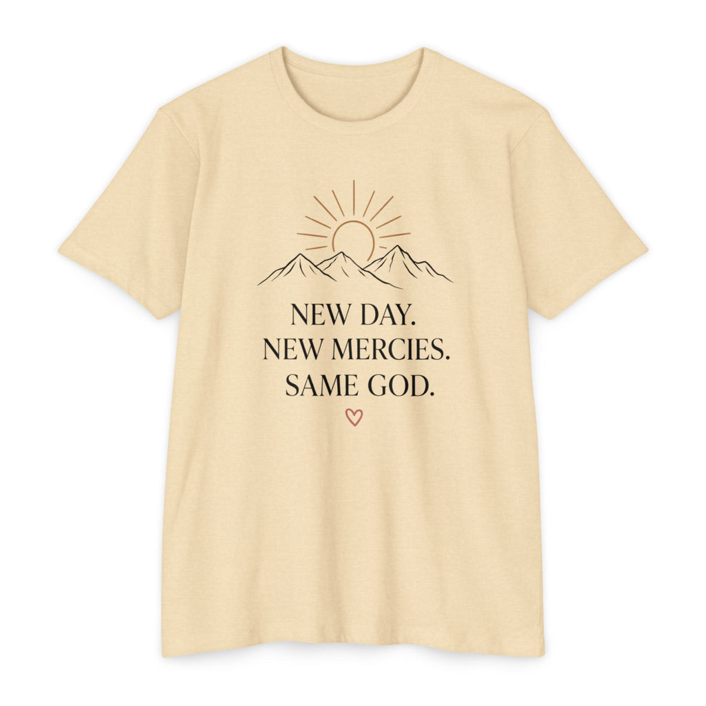 New Day. New Mercies. Same God." Sunrise Mountain Christian Tee