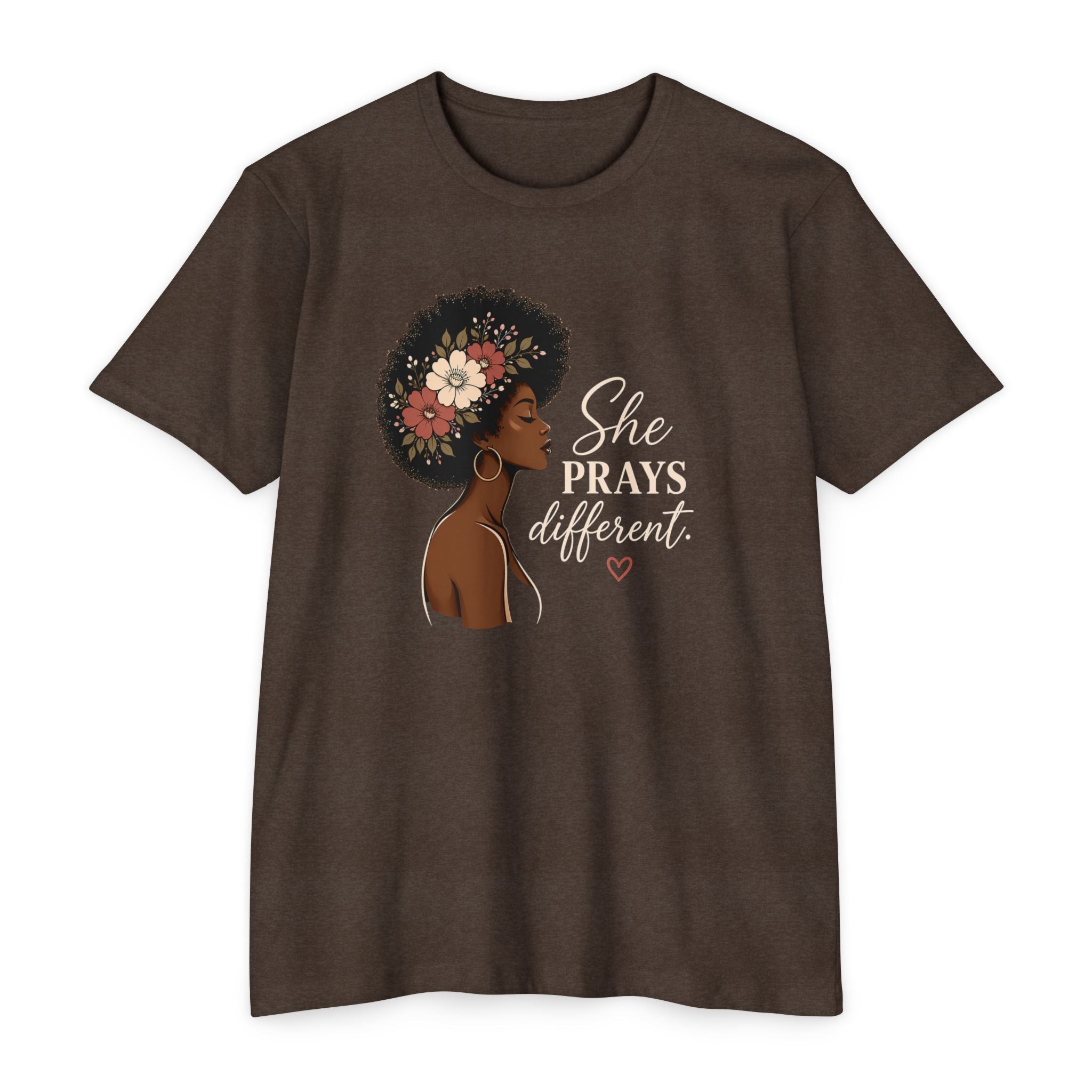 She Prays Different T-Shirt — Floral Afro Woman Inspirational Christian Tee