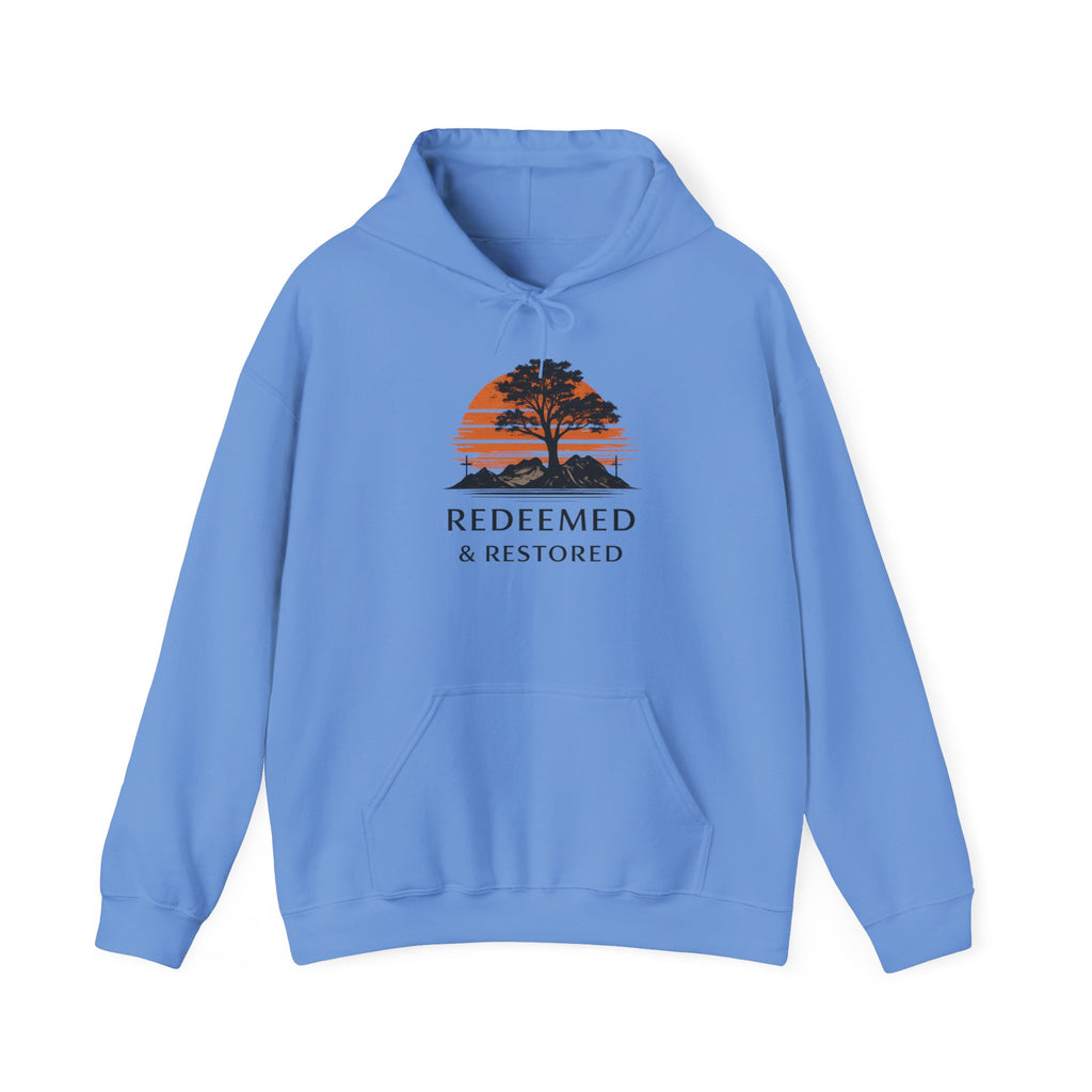 Redeemed & Restored Hoodie – Sunset Tree Faith Graphic Hooded Sweatshirt