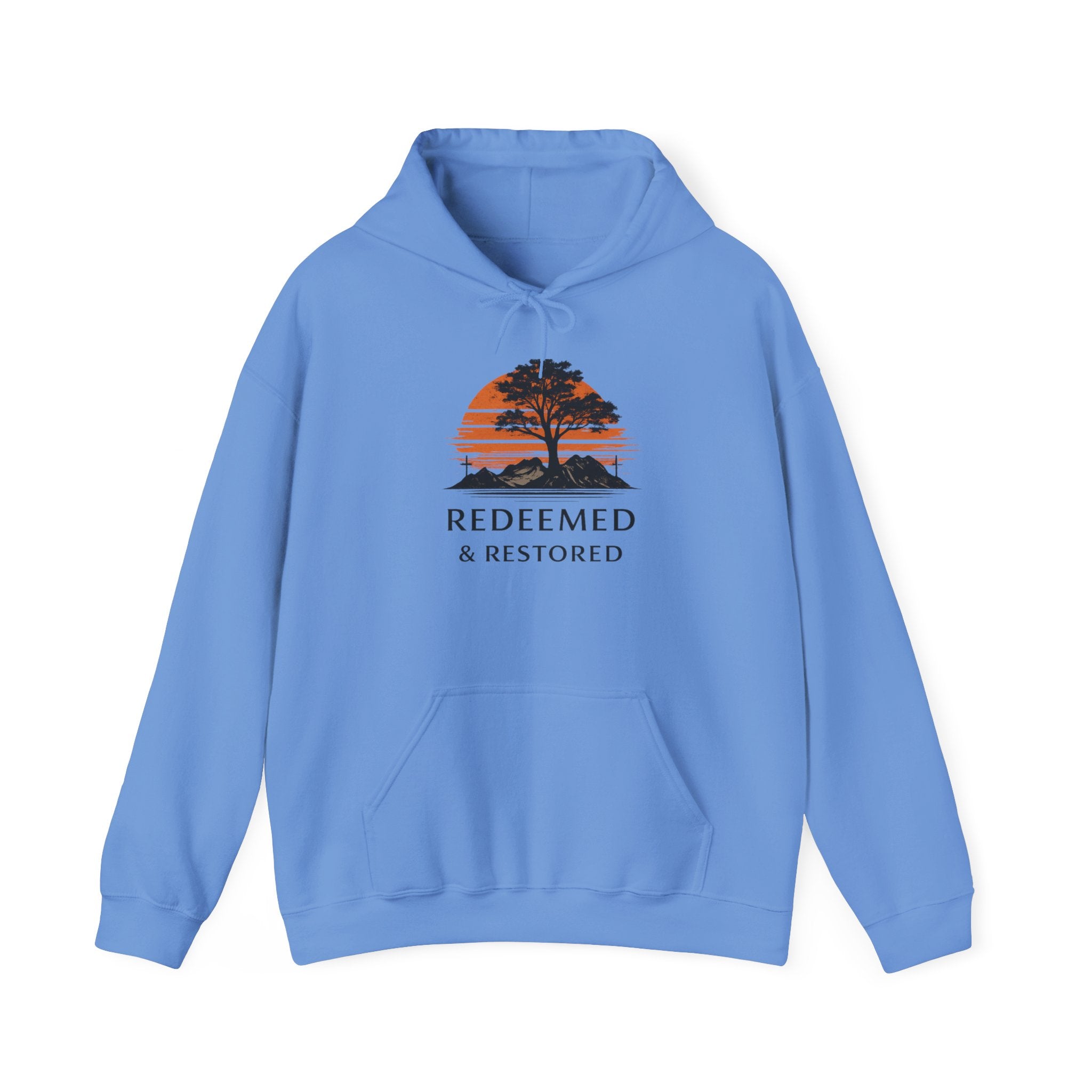 Redeemed & Restored Hoodie – Sunset Tree Faith Graphic Hooded Sweatshirt