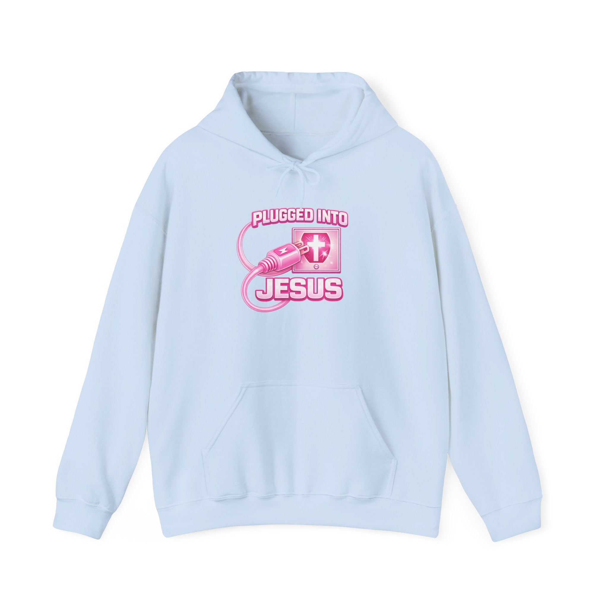 Plugged Into Jesus Hoodie — Pink Christian Faith Graphic Sweatshirt