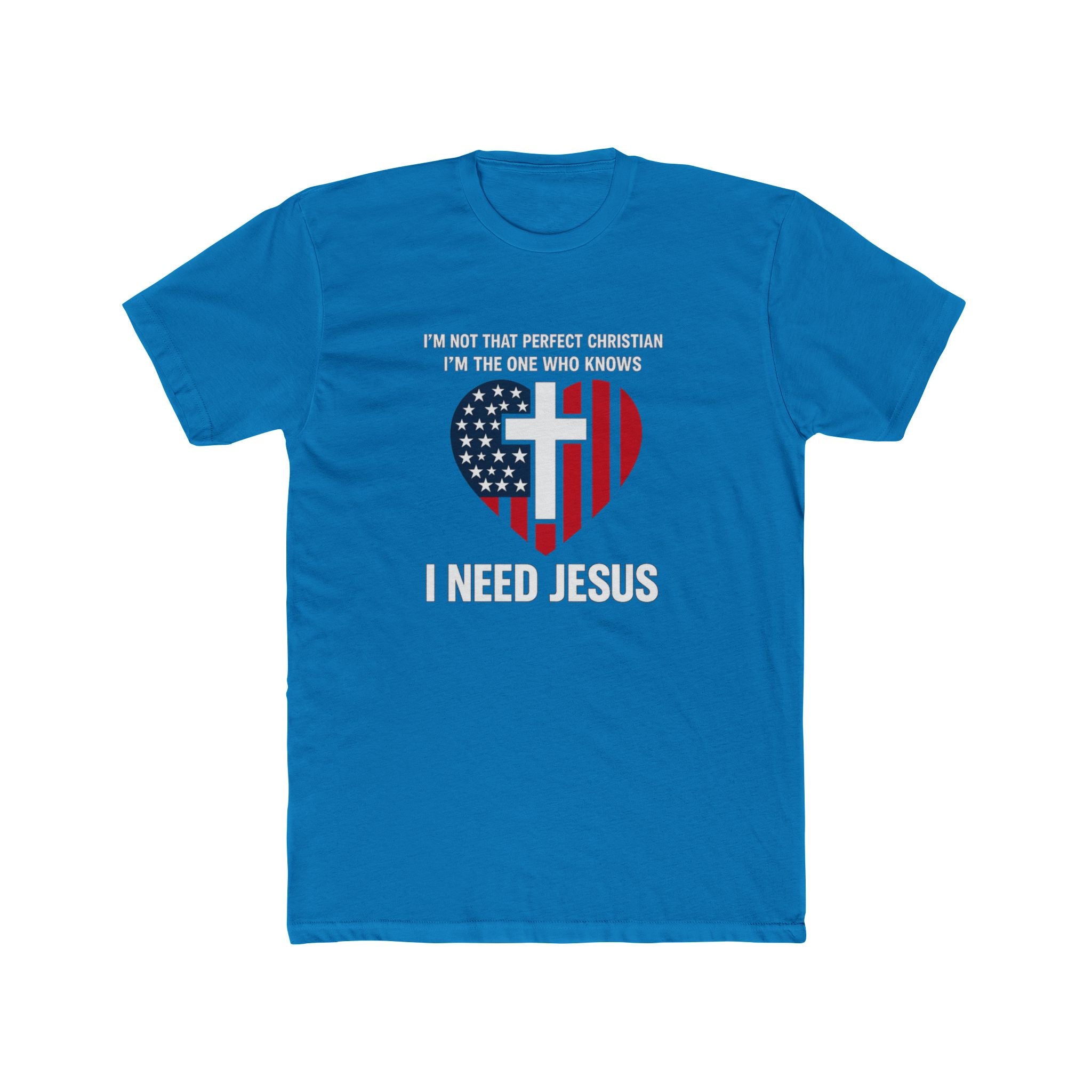 Mens Patriotic Heart Cross Tee  “I Need Jesus” Christian Flag T-Shirt