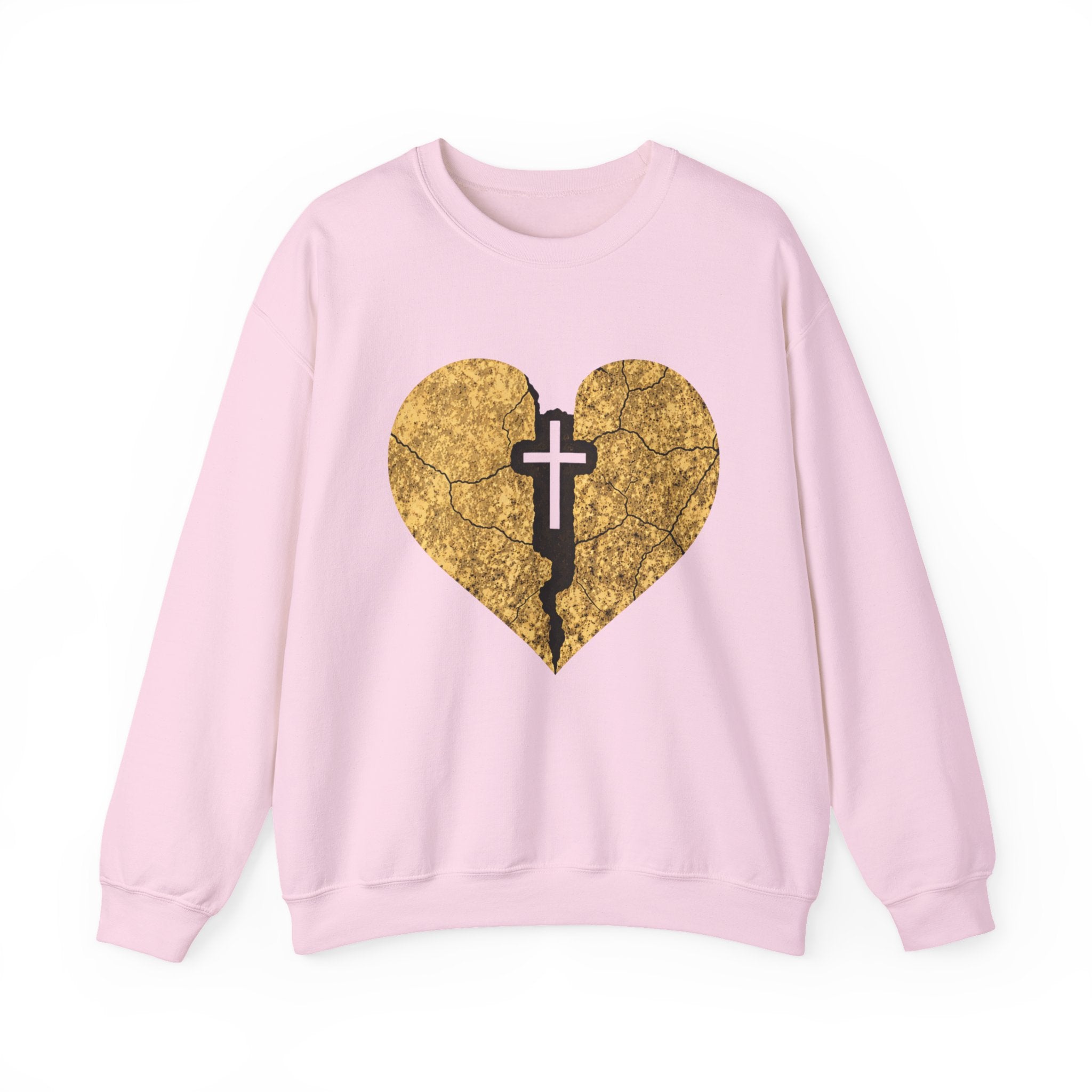 Womens Heart Crack Cross Crewneck Sweatshirt — Gold Distressed Christian Faith Pullover