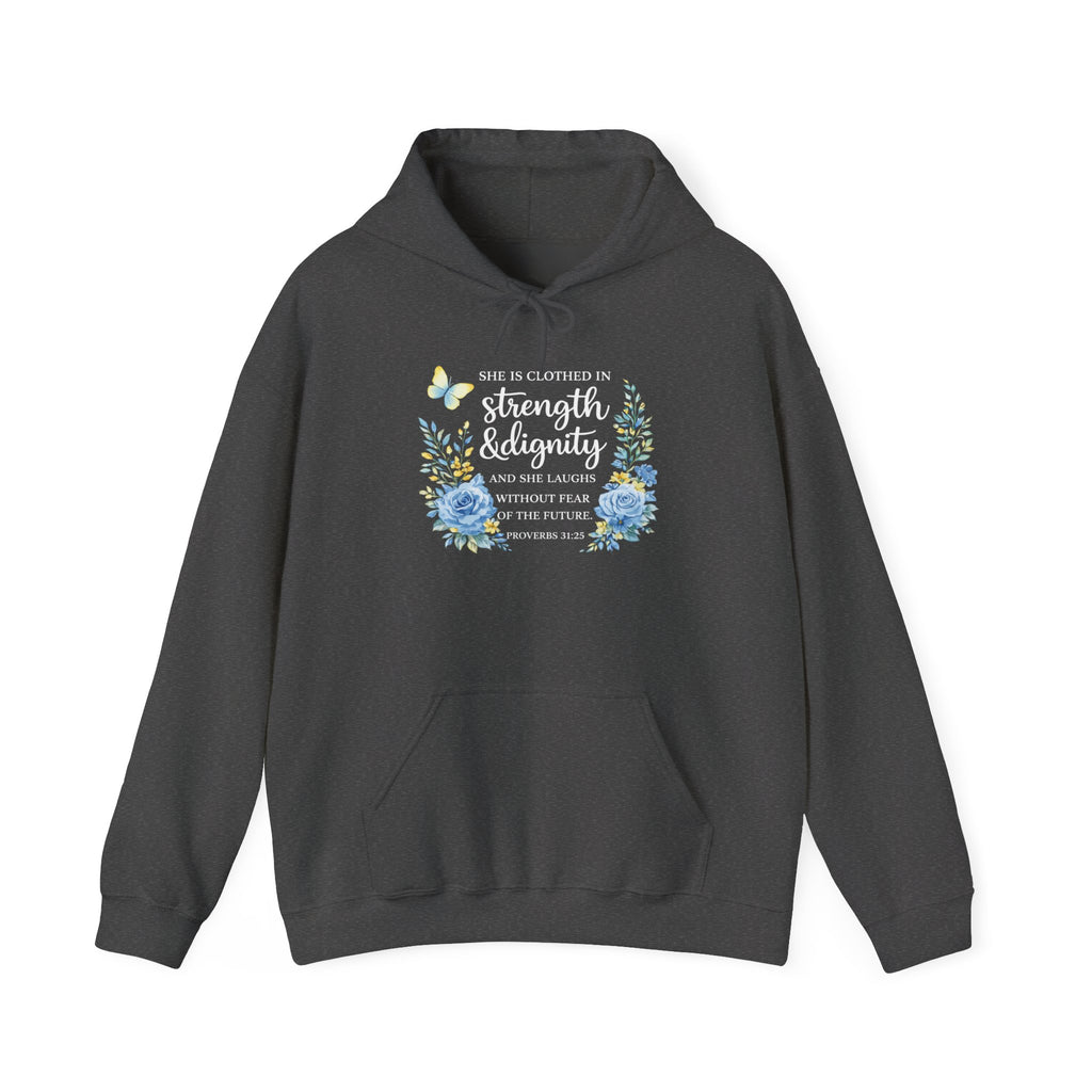 Womens Inspirational Floral Hoodie — "Strength & Dignity" Scripture Sweatshirt