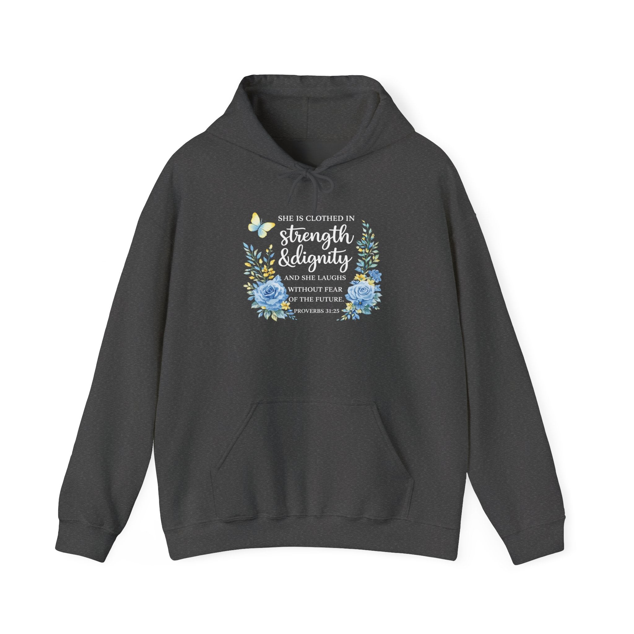 Womens Inspirational Floral Hoodie — "Strength & Dignity" Scripture Sweatshirt