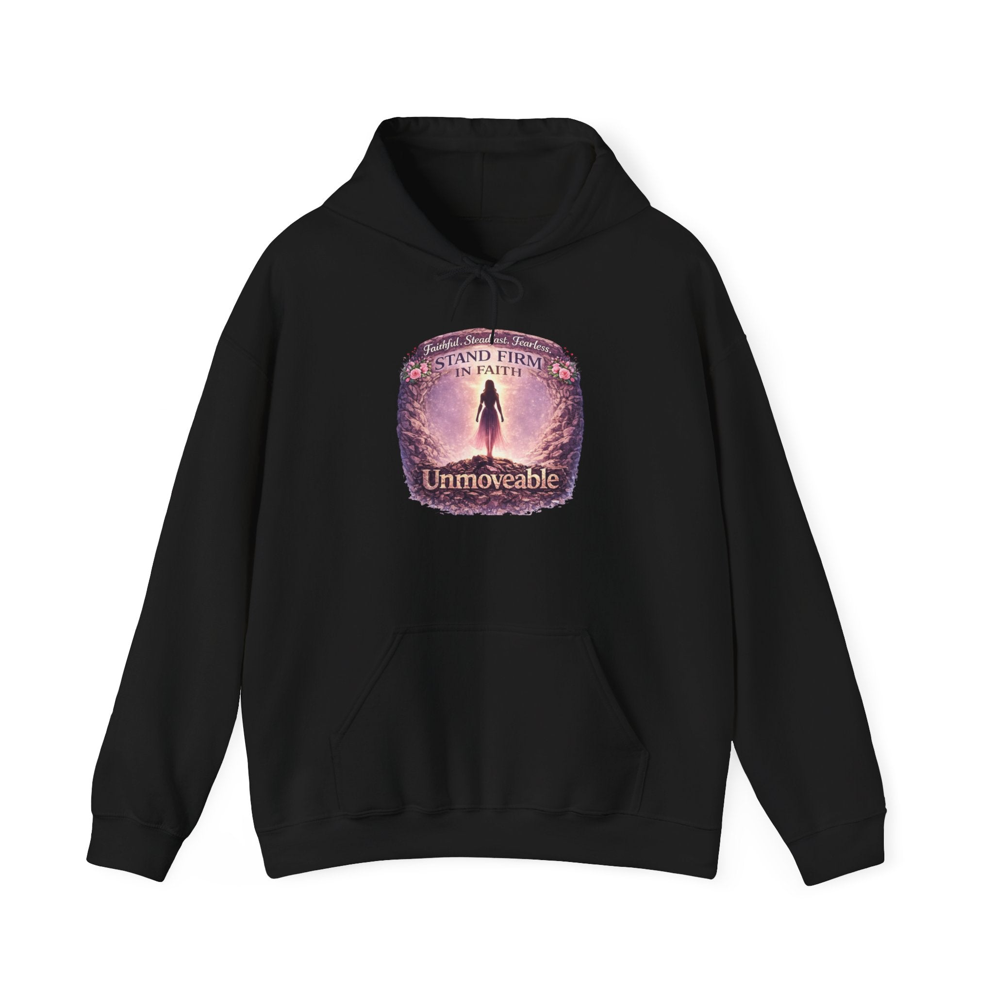 Womens Unmoveable Inspirational Hoodie — "Stand Firm in Faith" Spiritual Graphic Sweatshirt