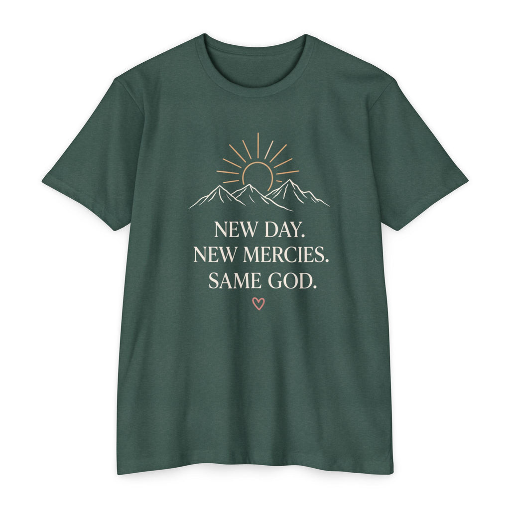 New Day. New Mercies. Same God." Sunrise Mountain Christian Tee