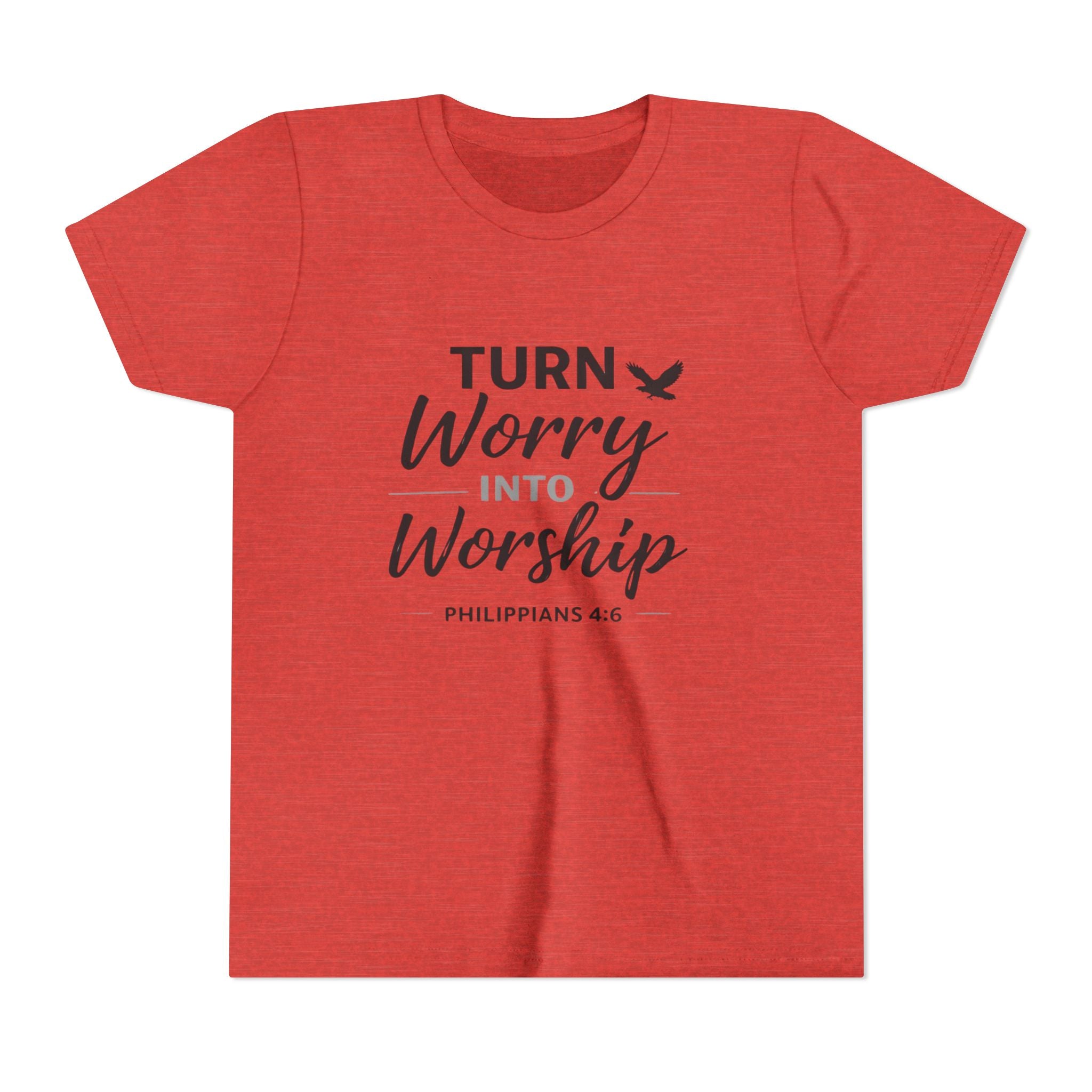 Girls Youth Tee - "Turn Worry Into Worship" Philippians 4:6 Christian Kids Shirt