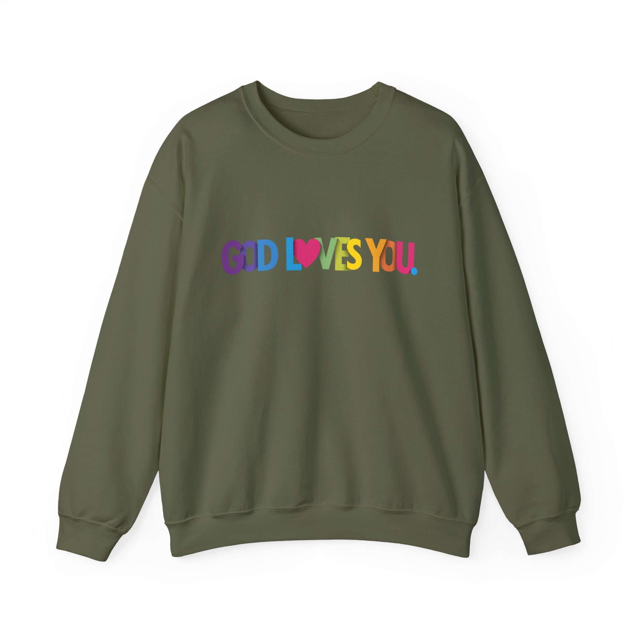 God Loves You Crewneck Sweatshirt — Rainbow Faith Graphic