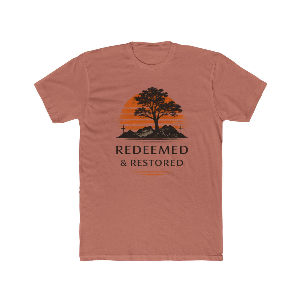 Redeemed & Restored Tee — Faith-Inspired Tree Sunset Graphic T-Shirt