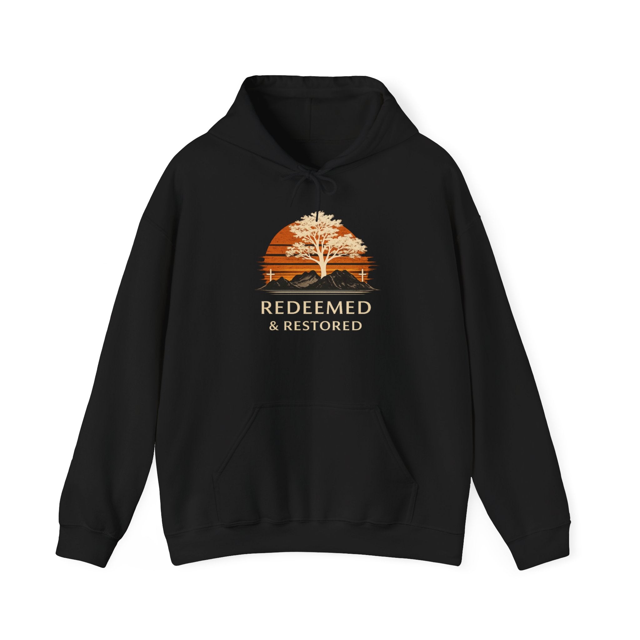 Mens Redeemed & Restored Hoodie — Inspirational Christian Tree Sunset Pullover