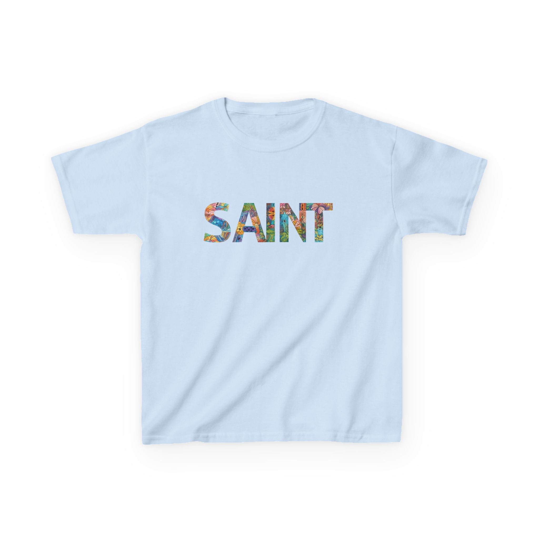Girls Saint Kids T‑Shirt — Colorful Patterned Lettering Tee for Children