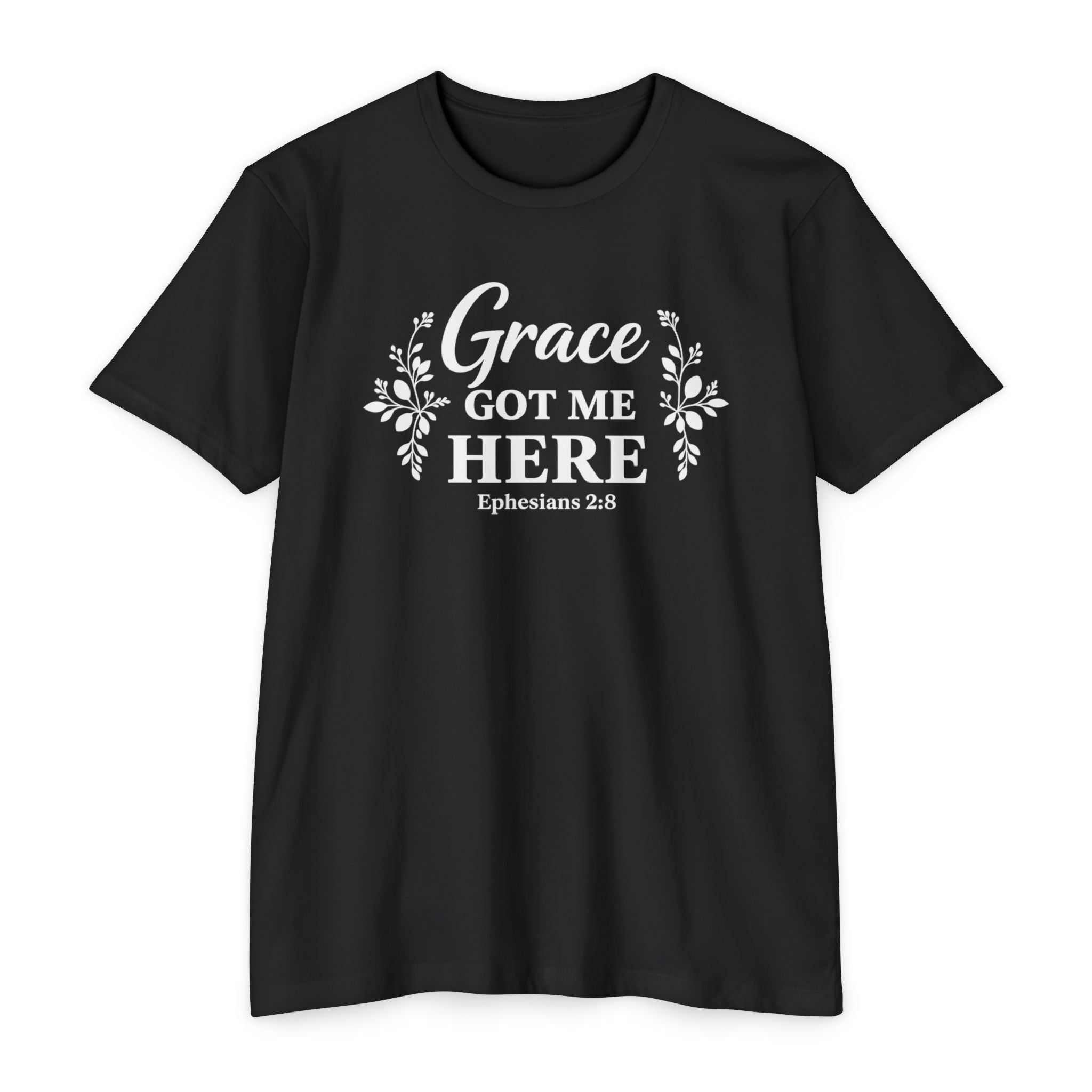 Womens Grace Got Me Here Christian T-Shirt — Ephesians 2:8