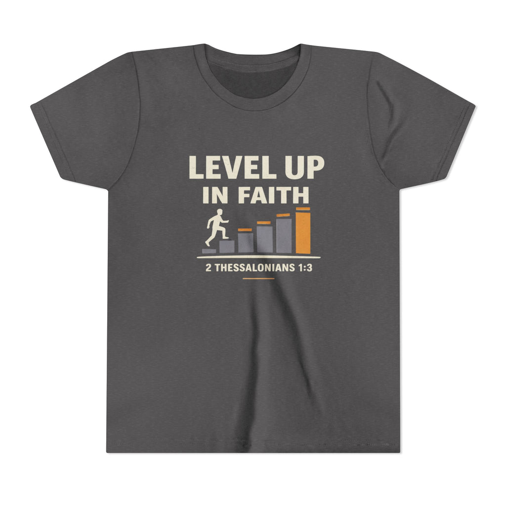 Boys Youth Tee - "Level Up in Faith" Christian Kids T-Shirt (2 Thessalonians 1:3)