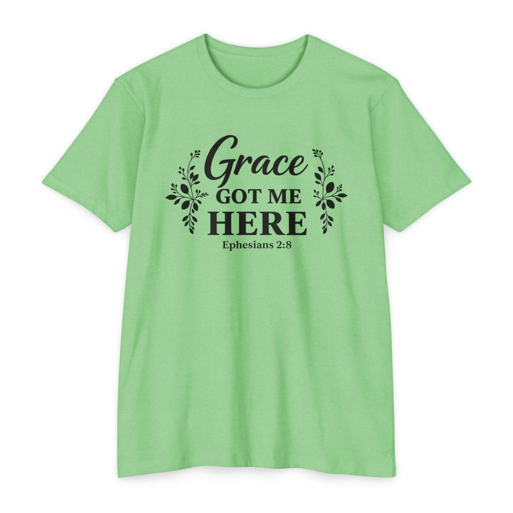 Womens Grace Got Me Here Christian T-Shirt — Ephesians 2:8