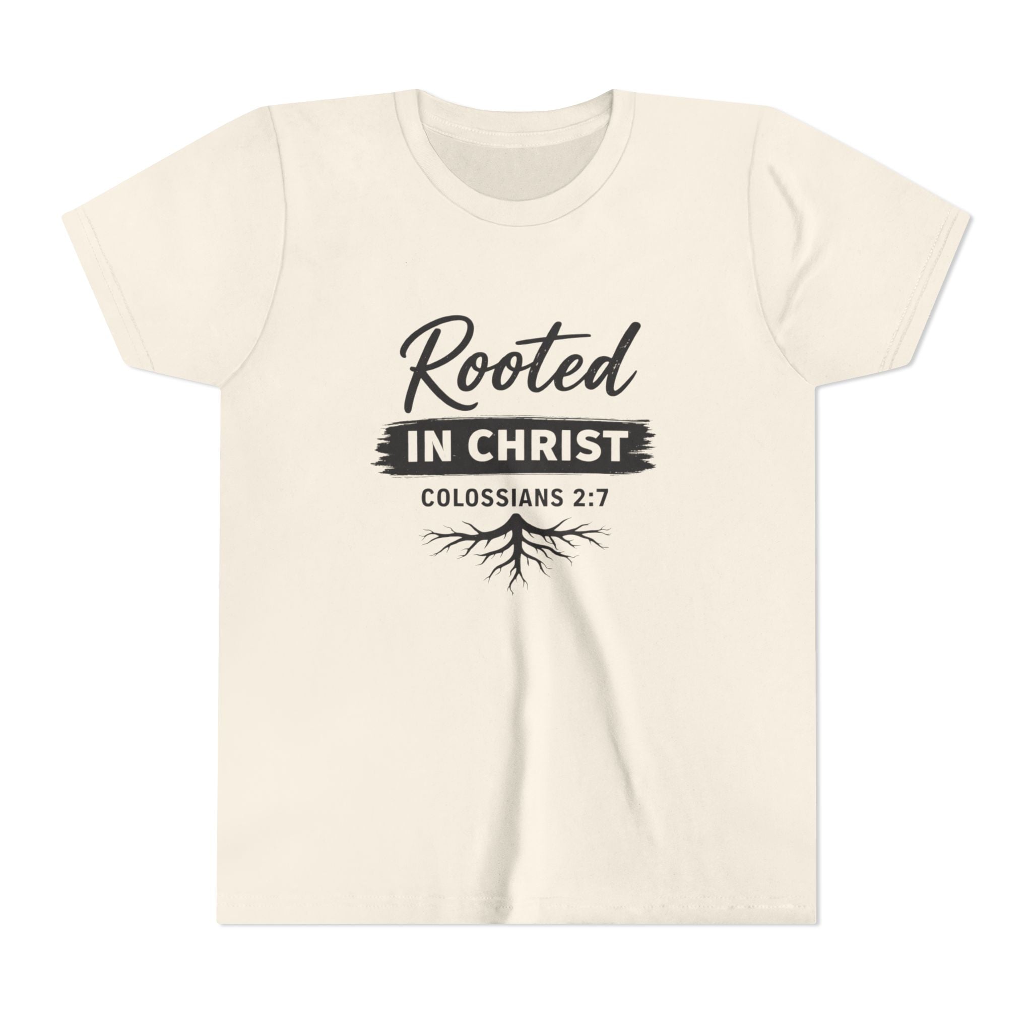 Girls Youth Tee - "Rooted in Christ" Colossians 2:7 Christian Kids Shirt