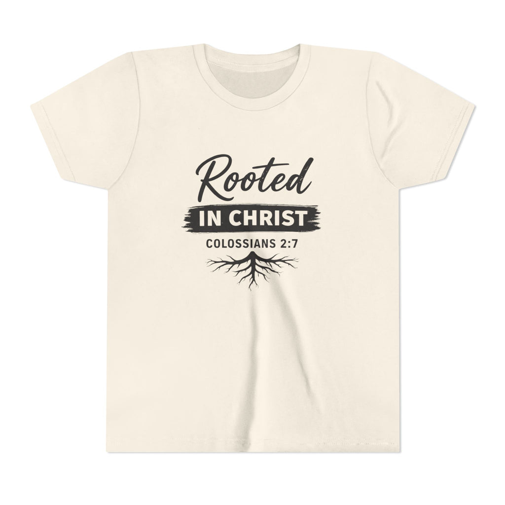 Boys Youth Tee - "Rooted in Christ" Colossians 2:7 Christian Kids Shirt