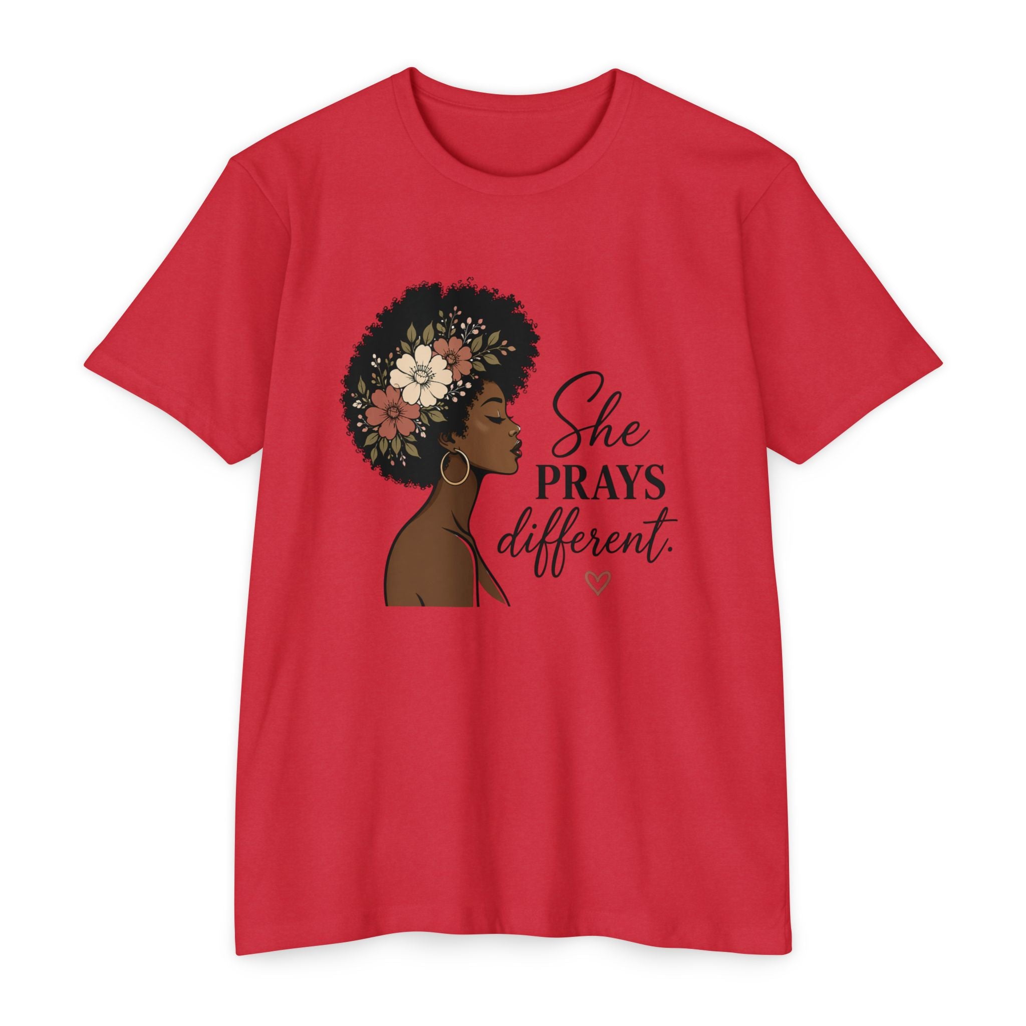 She Prays Different T-Shirt — Floral Afro Woman Inspirational Christian Tee