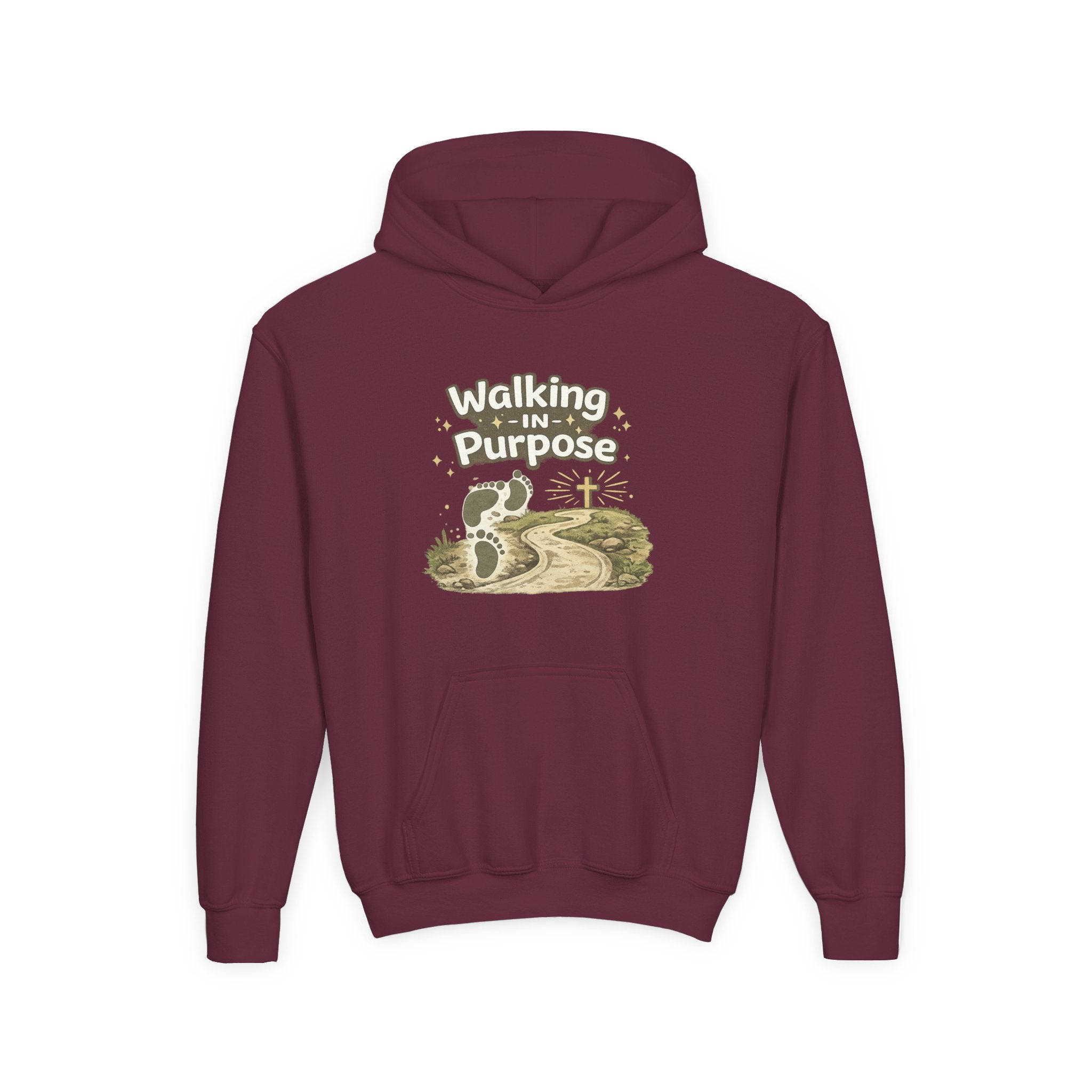 Youth Hoodie — "Walking in Purpose" Inspirational Christian Graphic