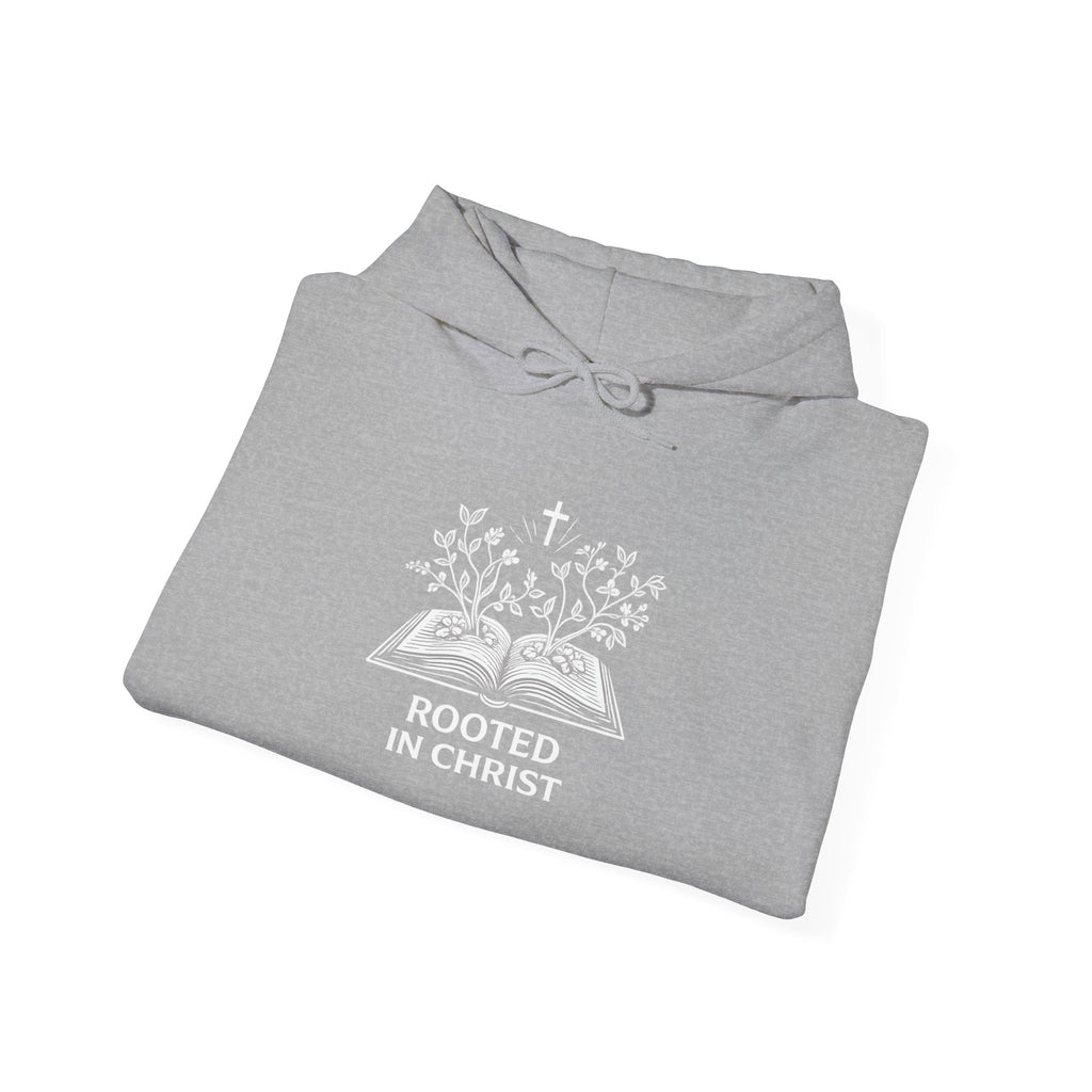 Womens Rooted in Christ Hoodie — Christian Faith Bible Cross Pullover