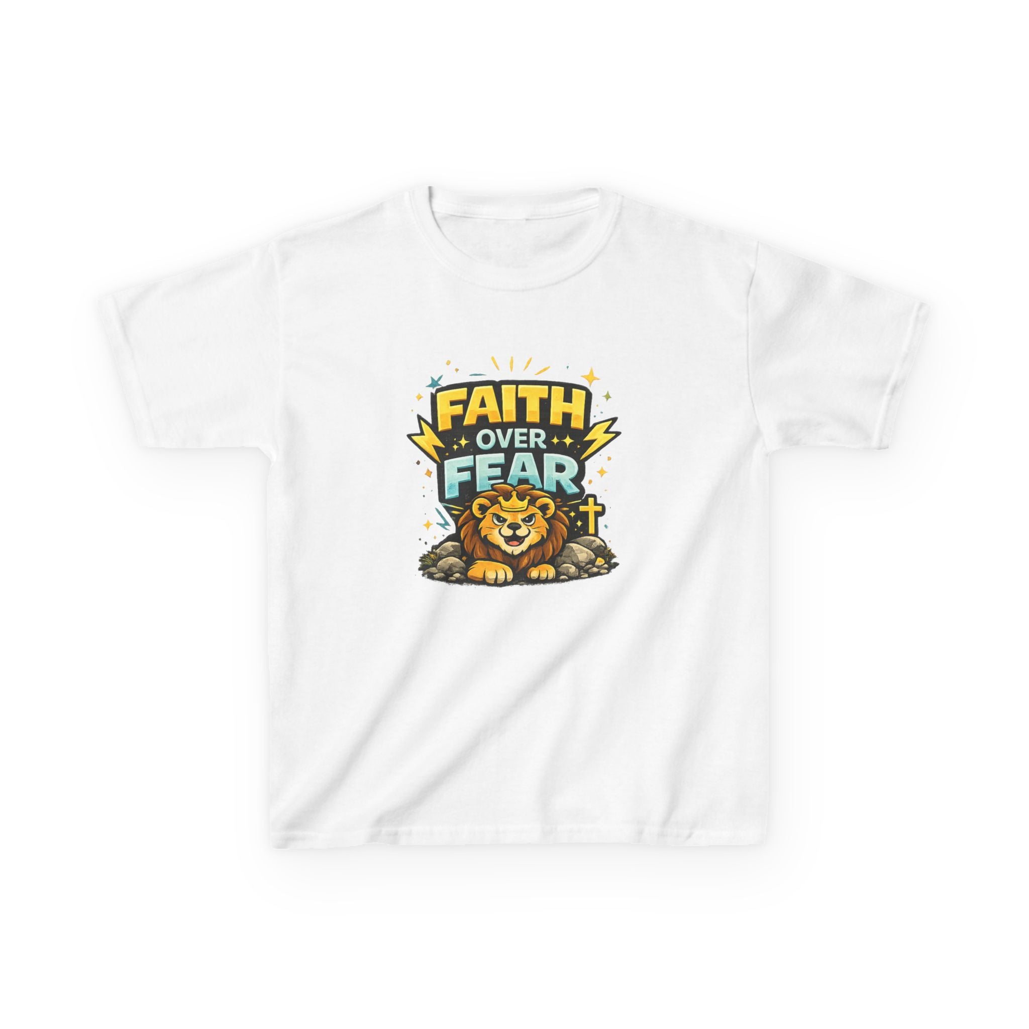 Kids Tee — "Faith Over Fear" Lion Graphic Christian Shirt