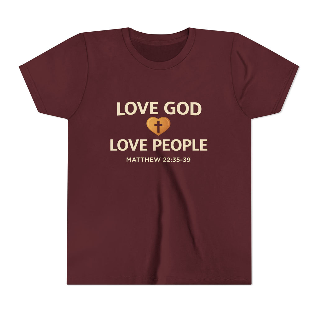 Girls Youth Tee — "Love God Love People" Bible Verse Matthew 22:37-39 Christian Kids Shirt