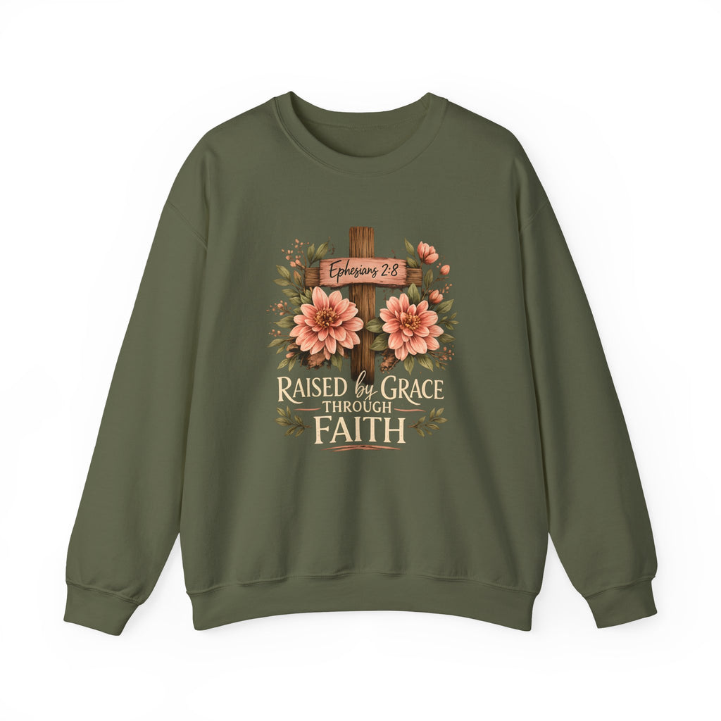 Faith Crewneck Sweatshirt — "Raised by Grace Through Faith" Floral Cross