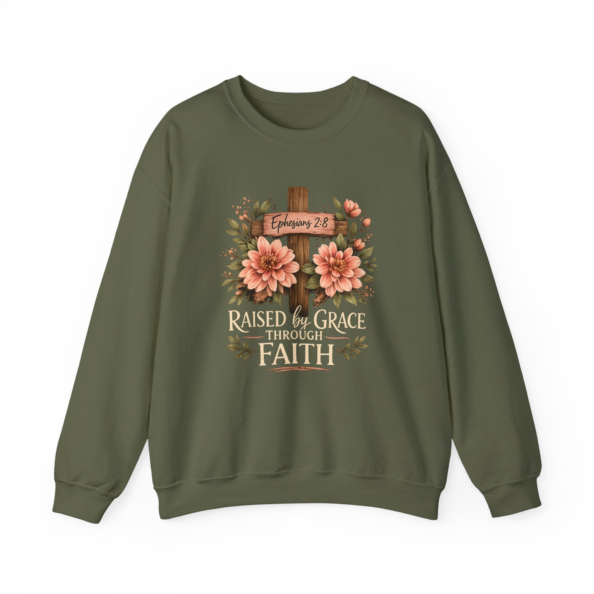 Faith Crewneck Sweatshirt — "Raised by Grace Through Faith" Floral Cross