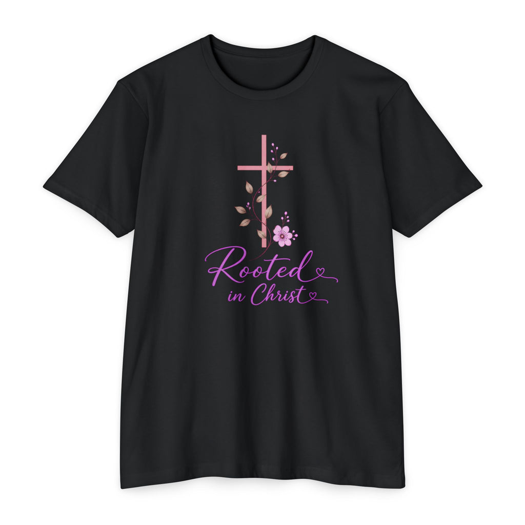 Womens Rooted in Christ Bible and Cross T-shirt | Christian Faith Tee