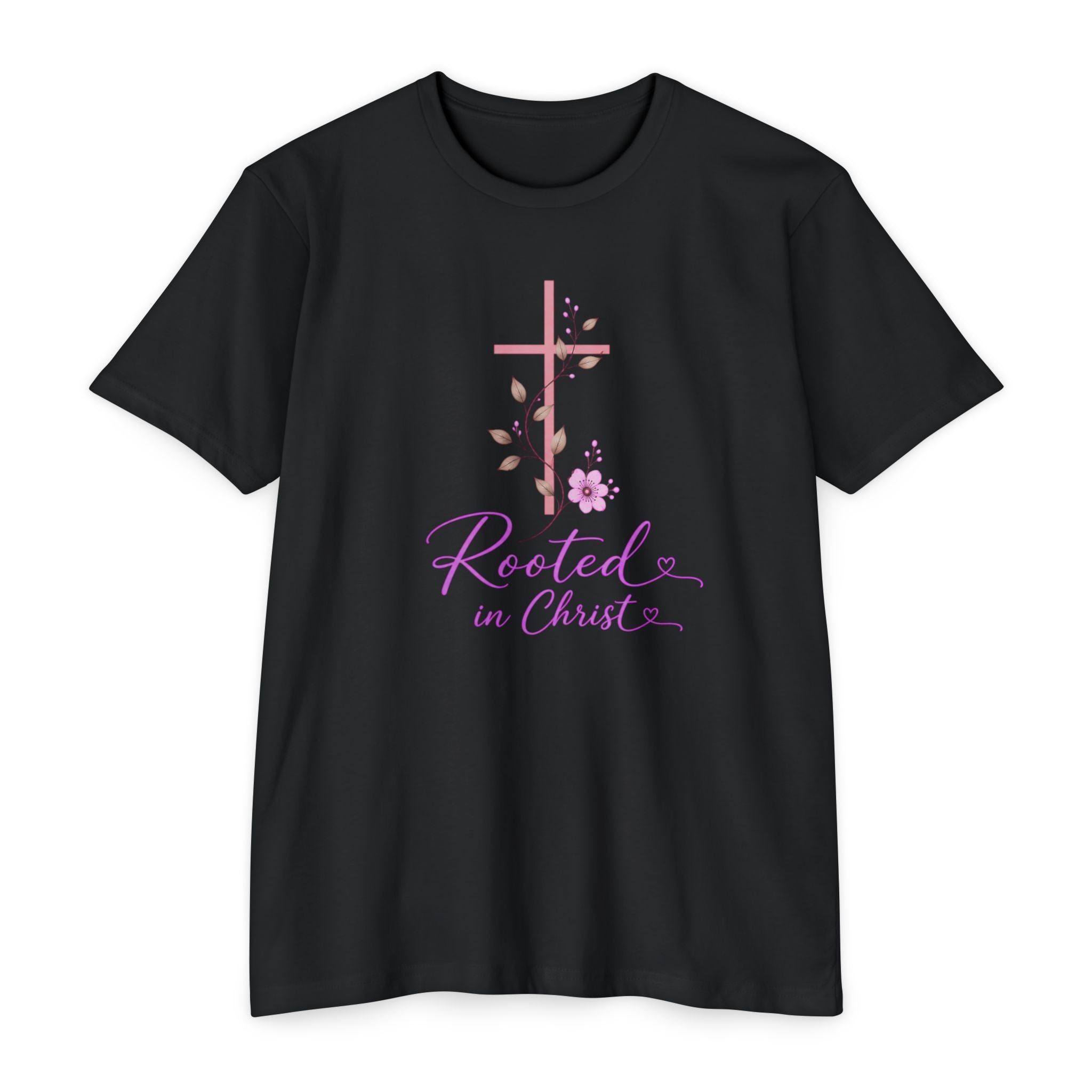 Womens Rooted in Christ Bible and Cross T-shirt | Christian Faith Tee