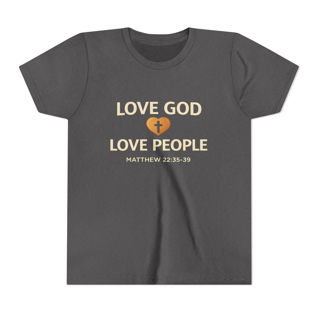 Boys Youth Tee — "Love God Love People" Bible Verse Matthew 22:37-39 Christian Kids Shirt