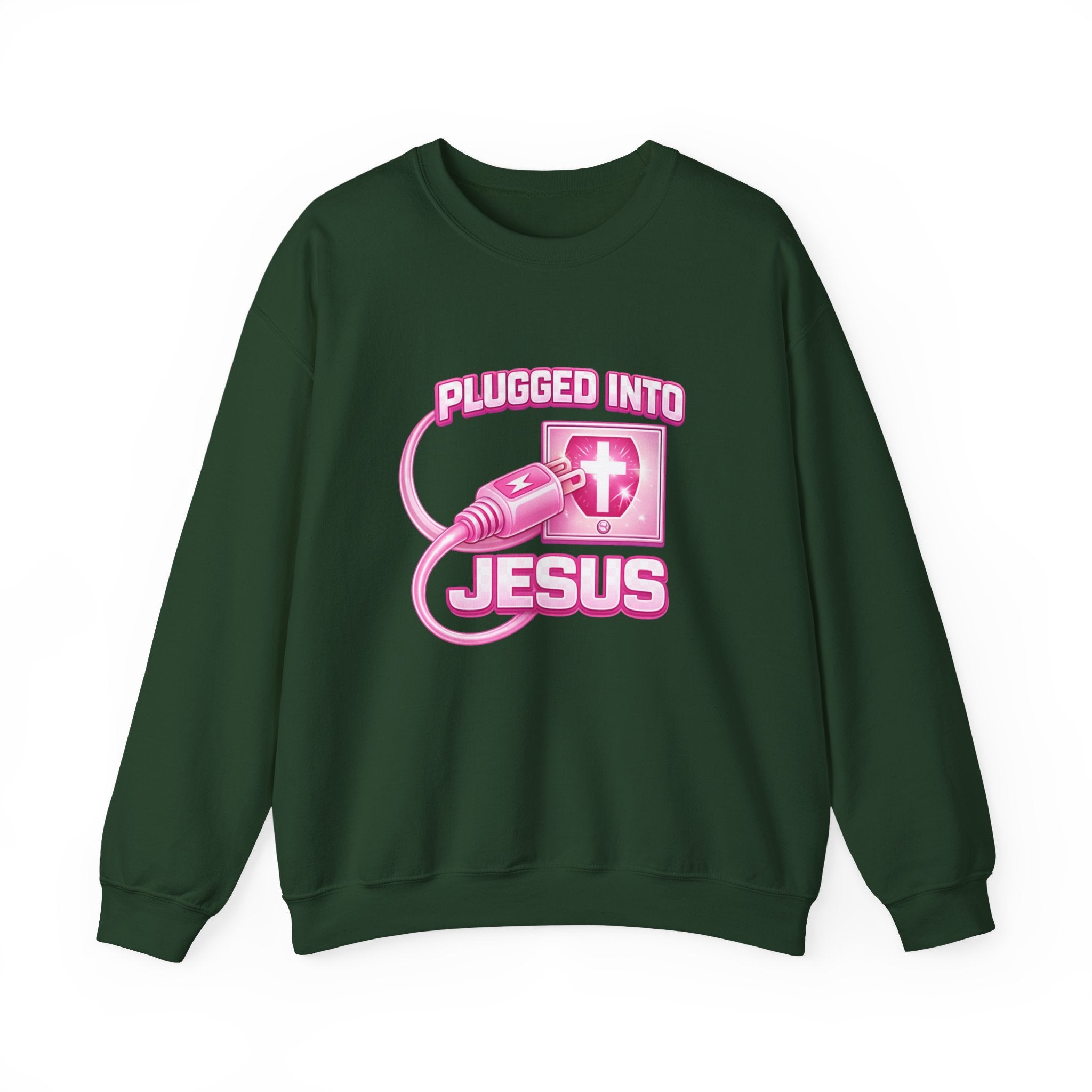 Womens Christian Crewneck Sweatshirt — "Plugged Into Jesus" Pink Graphic