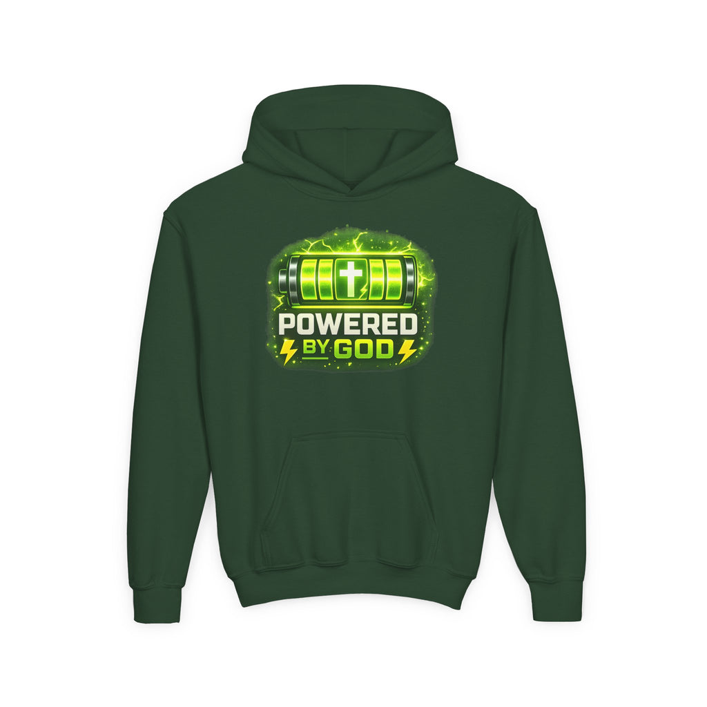 Youth Hoodie — "Powered by God" Green Battery Christian Sweatshirt