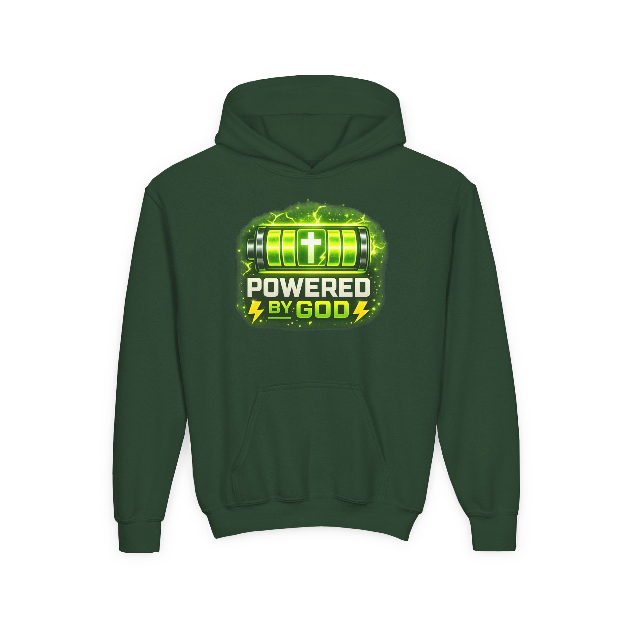 Youth Hoodie — "Powered by God" Green Battery Christian Sweatshirt