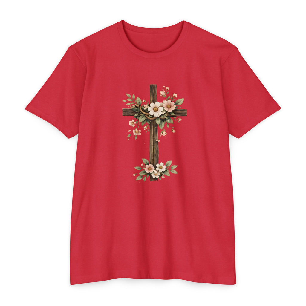 Womens Floral Cross T-Shirt — Rustic Christian Tee for Easter & Church