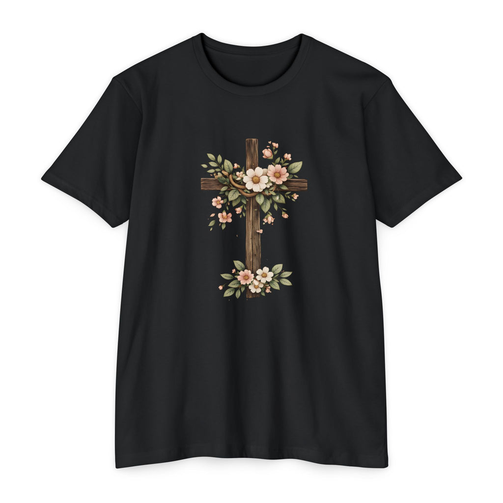 Womens Floral Cross T-Shirt — Rustic Christian Tee for Easter & Church