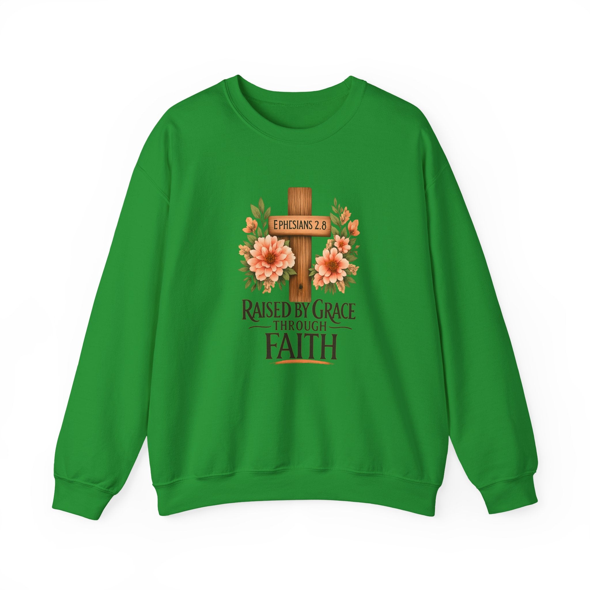 Faith Crewneck Sweatshirt — "Raised by Grace Through Faith" Floral Cross