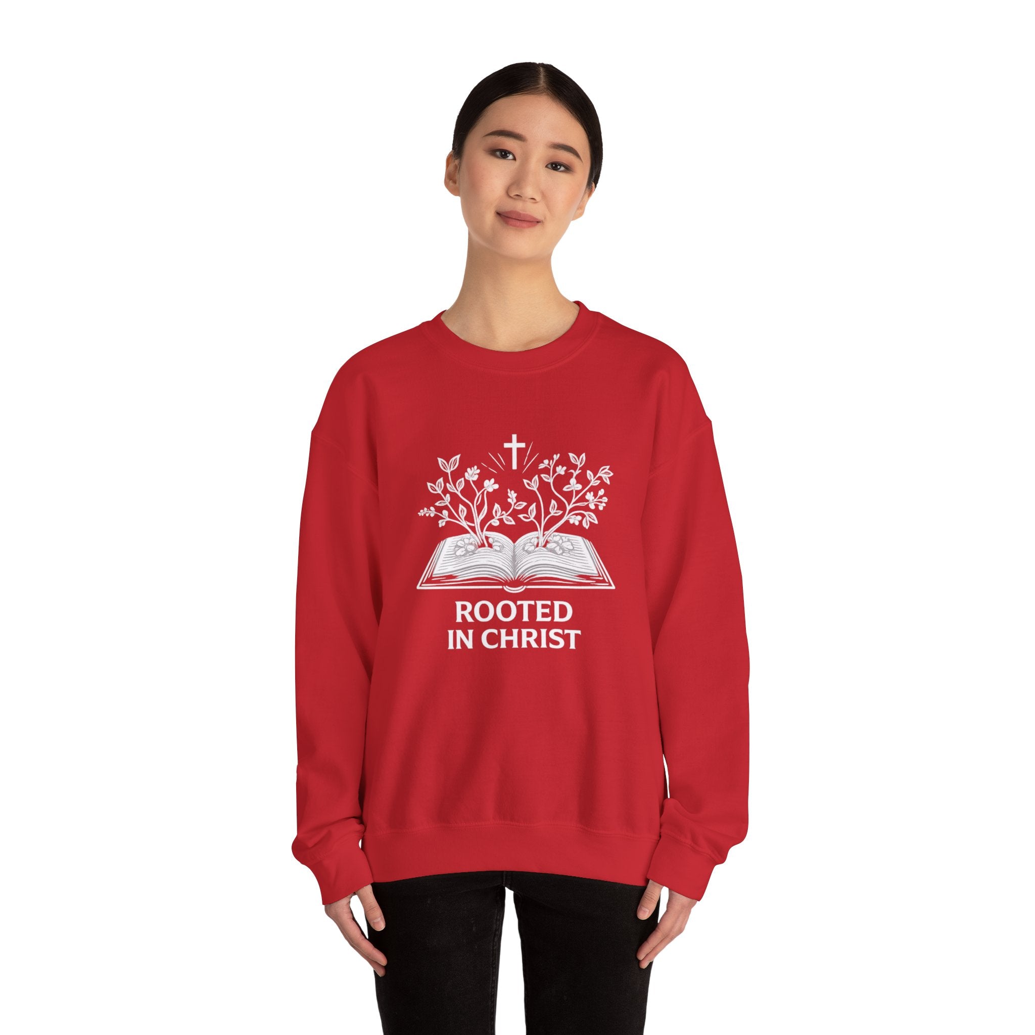 Womens Rooted in Christ Sweatshirt — Christian Faith Bible Graphic Crewneck