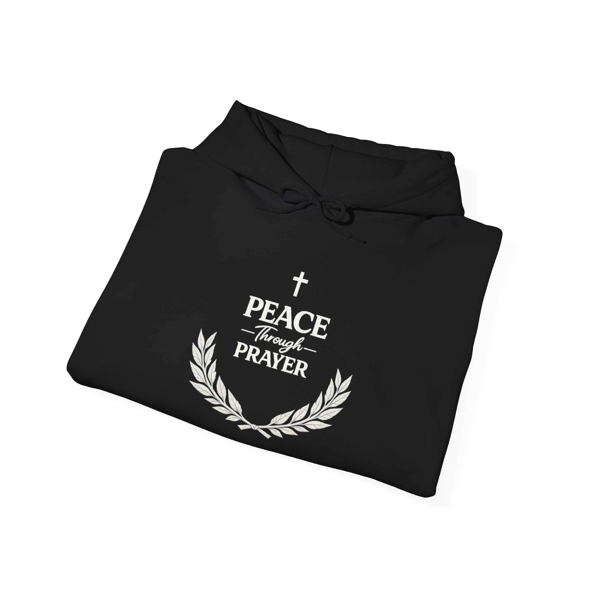 Mens Hoodie "Peace Through Prayer" Religious Laurel Cross Hoodie