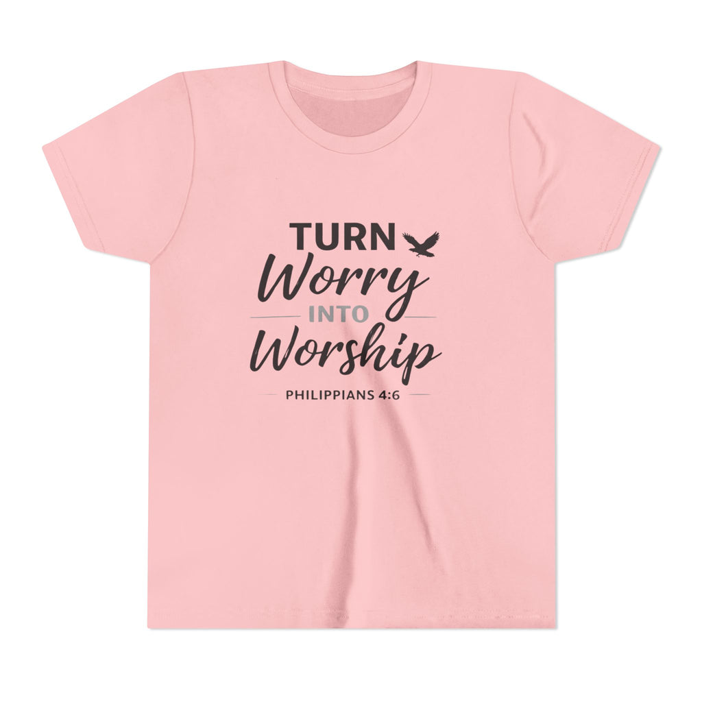 Boys Youth Tee - "Turn Worry Into Worship" Philippians 4:6 Christian Kids Shirt