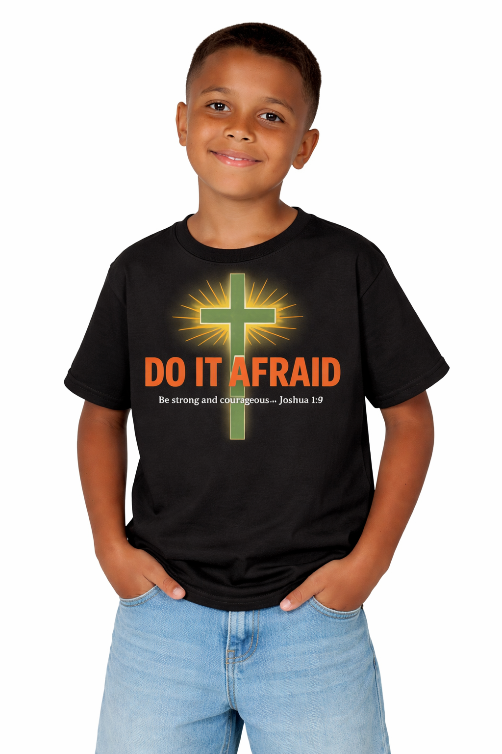 Boys Tshirt "Do It Afraid" Cross Christian Shirt (Joshua 1:9)