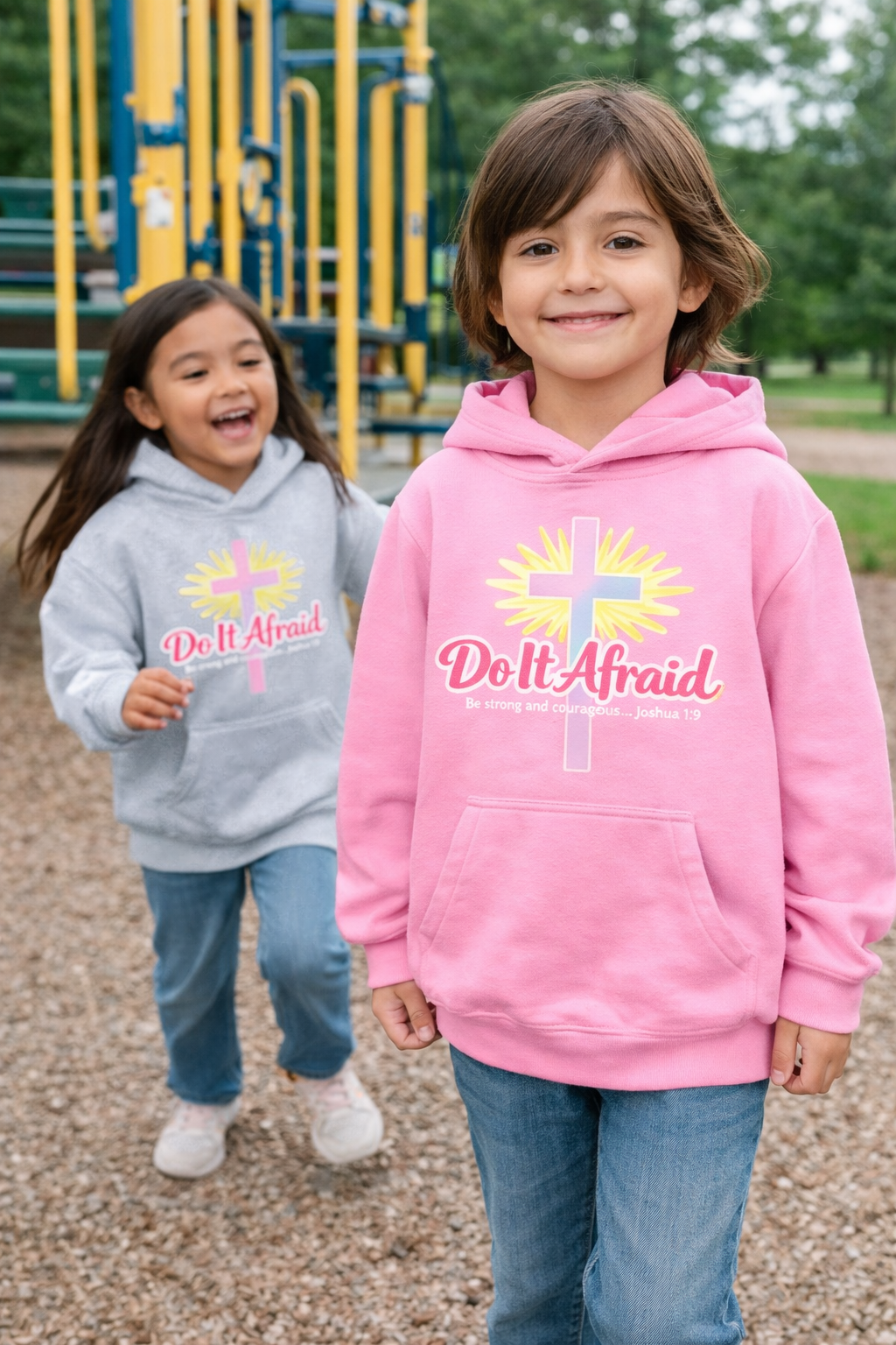 Youth Hoodie — "Do It Afraid" Christian Cross Inspirational Sweatshirt (Joshua 1:9)