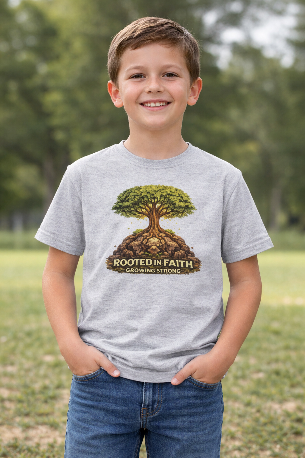 Kids Tee — 'Rooted in Faith' Tree Graphic