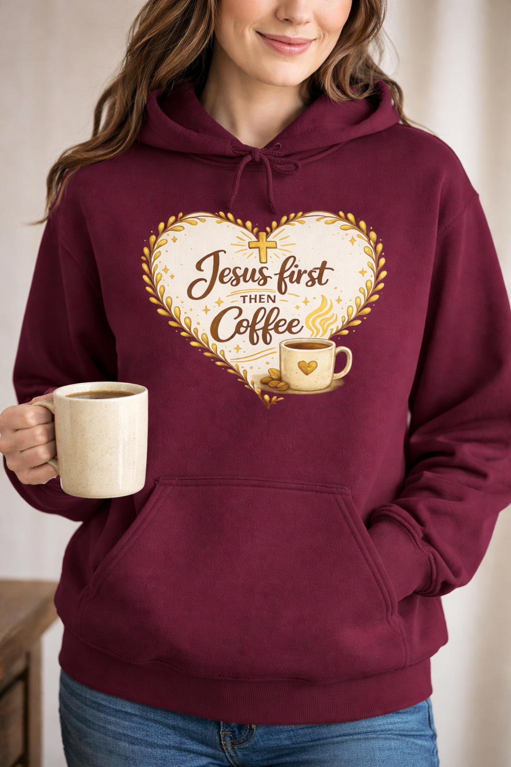Womens Jesus First Coffee Hoodie – Christian Faith & Coffee Heart Design