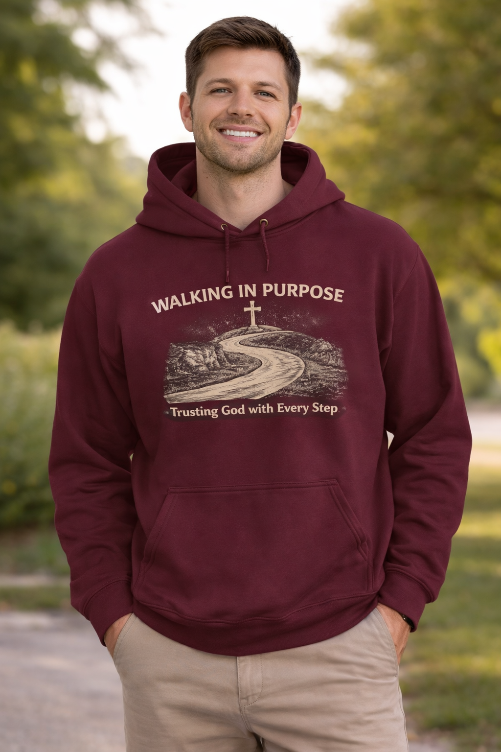 Mens Walking in Purpose Hoodie "Trusting God with Every Step" Christian Faith Pullover