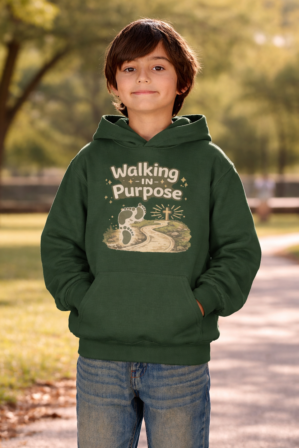 Youth Hoodie — "Walking in Purpose" Inspirational Christian Graphic