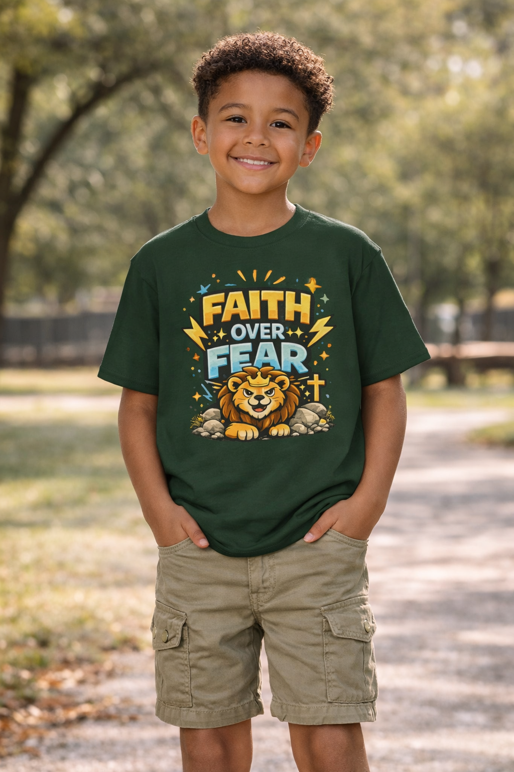 Kids Tee — "Faith Over Fear" Lion Graphic Christian Shirt