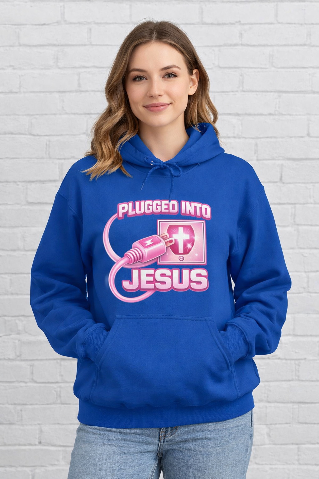 Plugged Into Jesus Hoodie — Pink Christian Faith Graphic Sweatshirt
