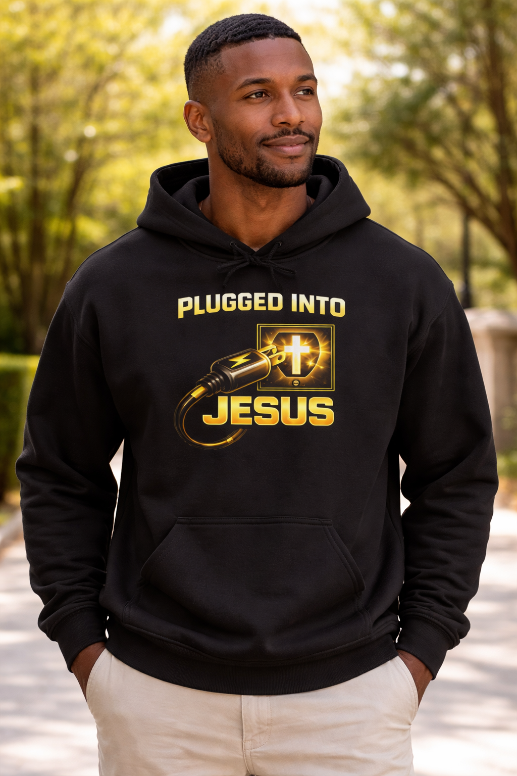 Plugged Into Jesus Hoodie — Christian Faith Graphic Pullover