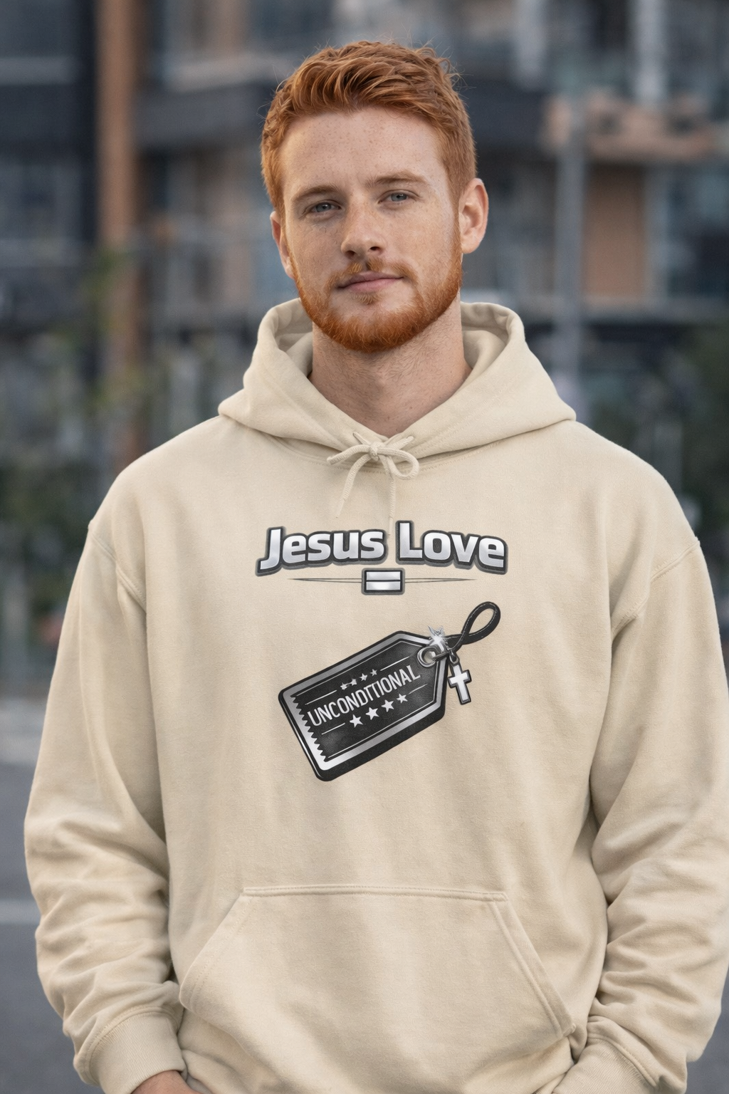 Jesus Love Hoodie with Cross & Tag Graphic — Christian Faith Pullover